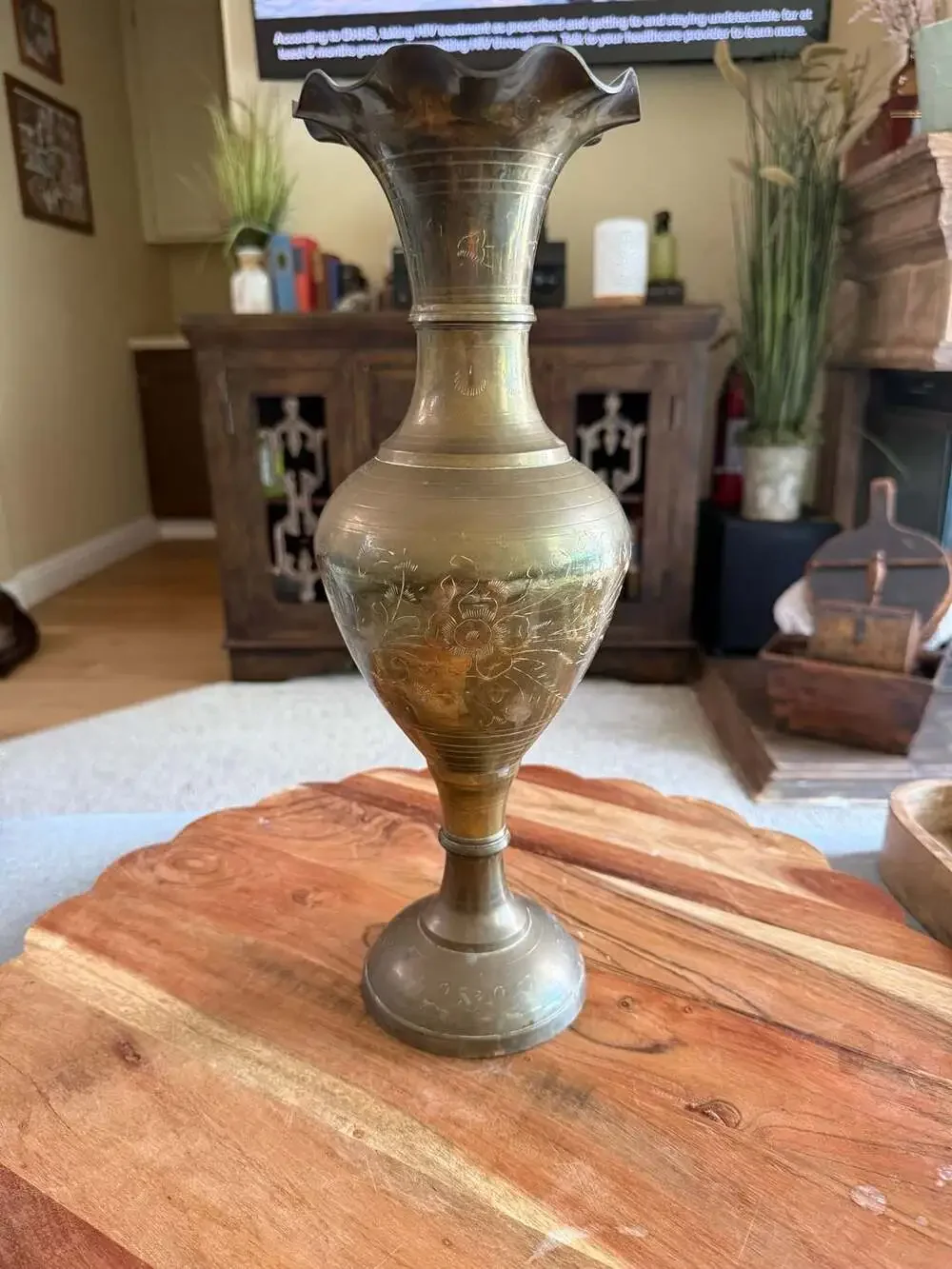 Vintage Tall Handmade Brass Etched Engraved Vase w/Wavy Rim India 23.75”